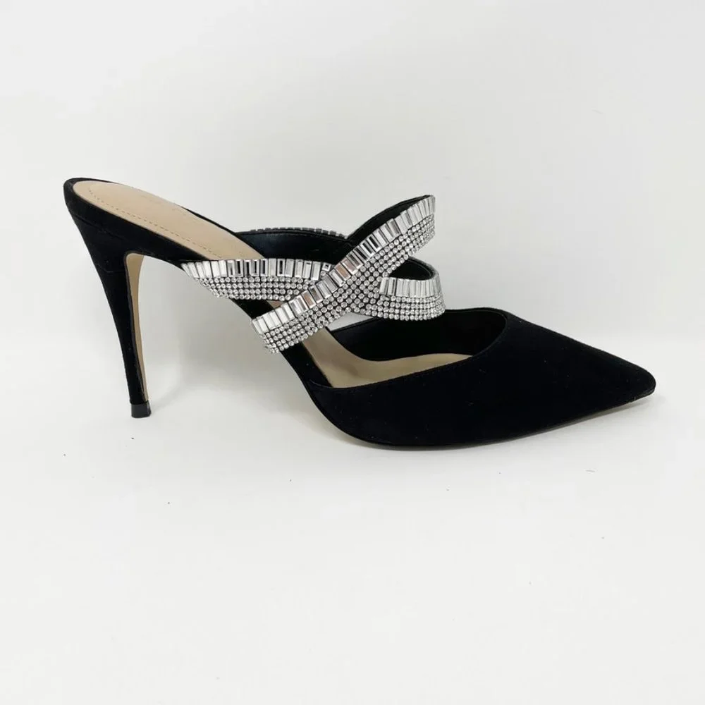 Aldo Womens Black Suede Leather Rhinestone Straps Slide Heels Size 8 "Noawia" - Picture 2 of 11